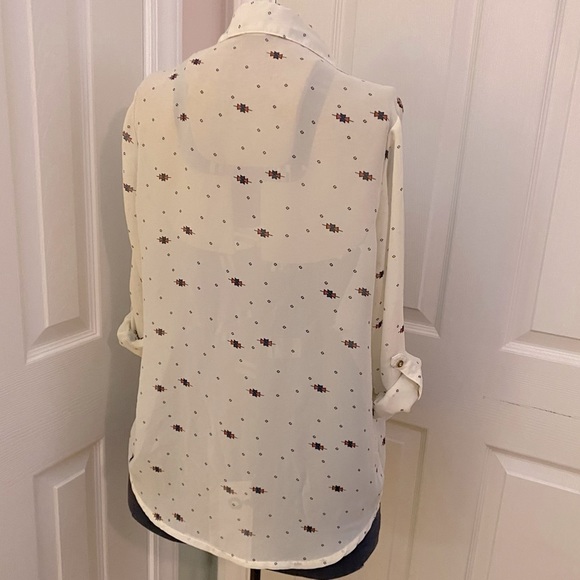 Prototype Sheer Ivory Brown Red Aztec Print Long Button Up Roll Sleeve Top - Picture 5 of 7